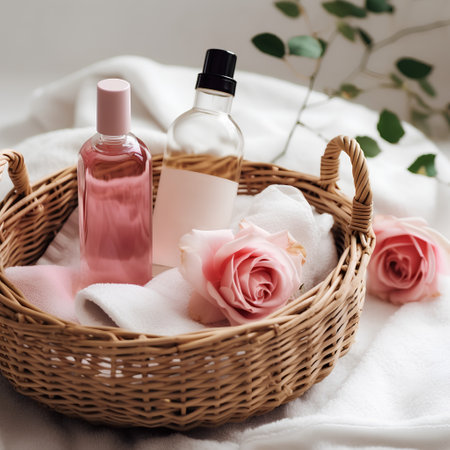 Spa still life with rose essential oil in a wicker basket.の素材
