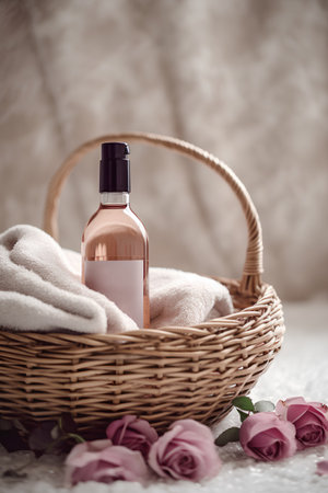 Spa still life with rose essential oil and towel in a basketの素材