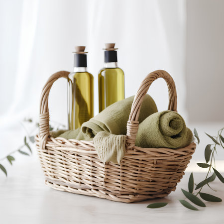 Basket with green towels and bottles of olive oil on white backgroundの素材