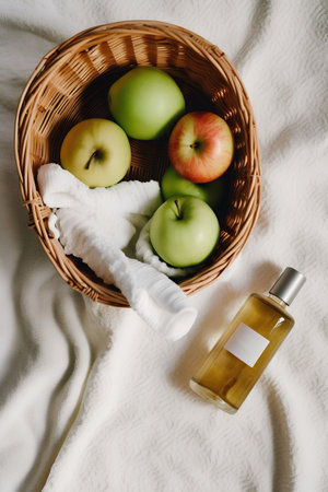 bottle of perfume and green apples in a basket on a white towelの素材