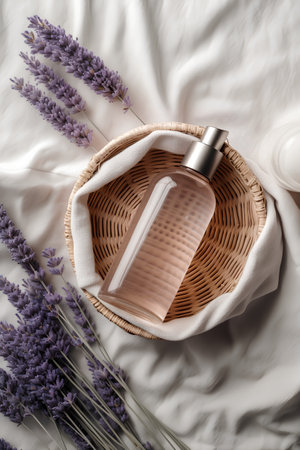 Bottle of perfume in wicker basket with lavender flowers on bedの素材