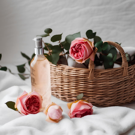 bottle of perfume with roses in a basket on a white backgroundの素材