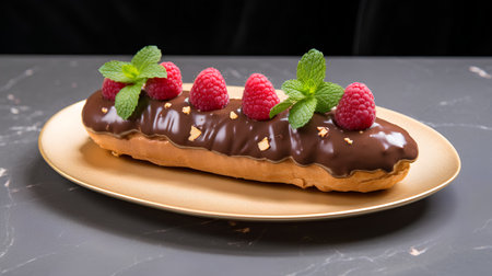 Chocolate eclairs with raspberries and mint on a plateの素材