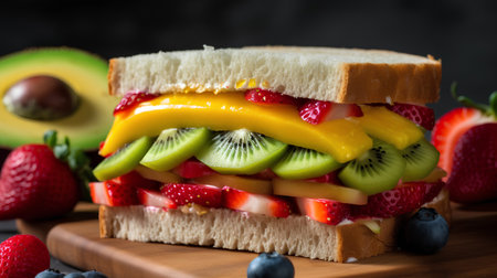 Healthy sandwich with fresh fruits and berries on a dark background.の素材