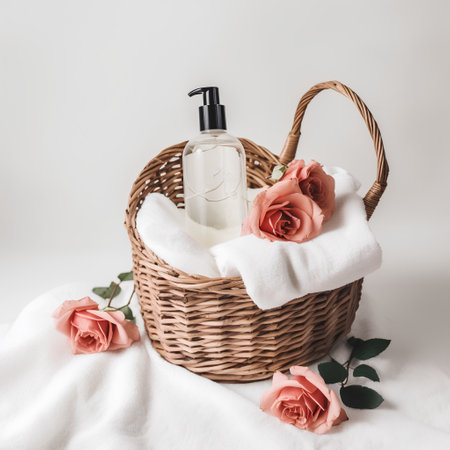 Basket with towels, soap and rose flowers on a white backgroundの素材