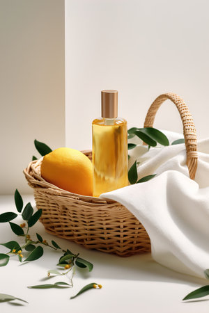 Lemon cosmetic bottle in a wicker basket on a white background.の素材