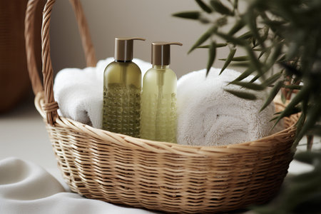Basket with cosmetic products and towels on the table in a spaの素材