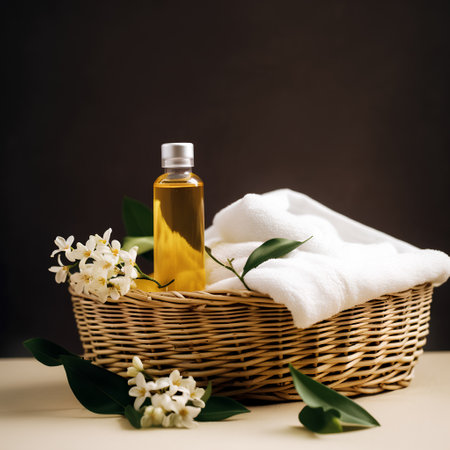 Essential oil in a glass bottle and white towels in a wicker basket on a brown backgroundの素材