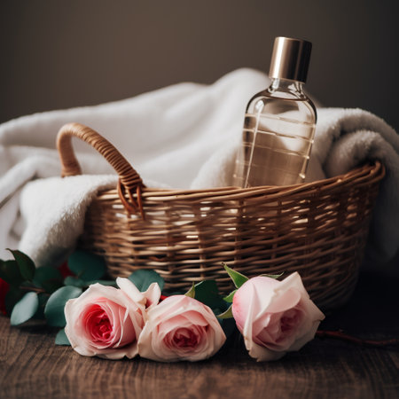 Spa still life with roses and a bottle of perfume on a wooden backgroundの素材