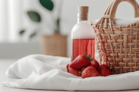 Bottle of red wine and fresh strawberries in a wicker basket on a white backgroundの素材