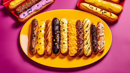 Different types of eclairs on a yellow plate on a pink backgroundの素材