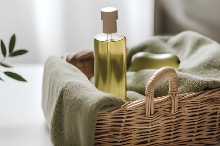 Wicker basket with olive oil, towel and green apple in the bathroomの素材