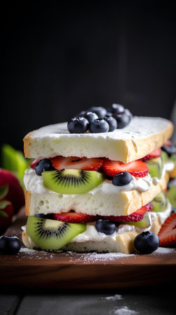 Cake with fresh berries and whipped cream on a dark background.の素材