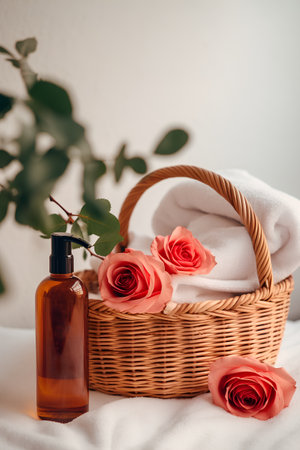 bottle of cosmetic oil with rose flowers in basket on white towelの素材