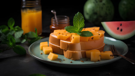 Piece of mango cake with fresh melon and mint on dark backgroundの素材