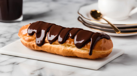 Chocolate eclair on a white marble table. Selective focus.の素材