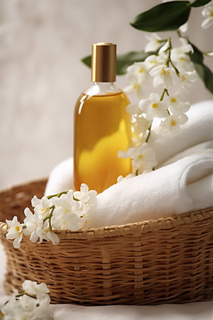 Essential oil in a glass bottle with white jasmine flowers in a basket on a light backgroundの素材