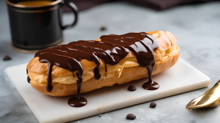 Chocolate eclair with chocolate saucele background. French dessert.の素材