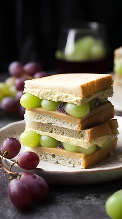 Piece of cake with grapes on a plate on a dark backgroundの素材