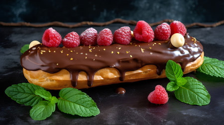 Chocolate eclair with raspberries and mint on black backgroundの素材