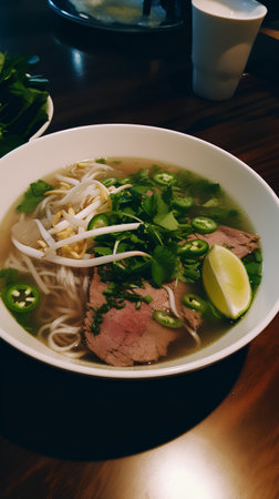 Vietnamese style noodle soup with beef and vegetables in bowlの素材