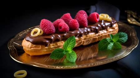 Chocolate eclair with raspberries and mint on a black backgroundの素材