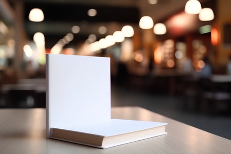 Blank book on table in coffee shop blur background with bokehの素材