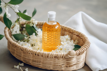 Olive oil in a glass bottle and white flowers in a basket on a light backgroundの素材