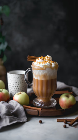Cappuccino with whipped cream and cinnamon on a dark backgroundの素材