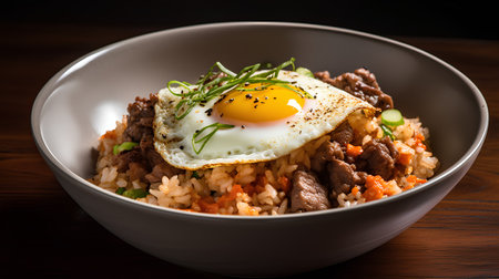 Rice with beef and fried egg in a bowl on a wooden tableの素材