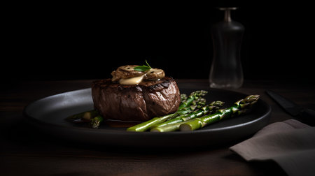 Grilled beef tenderloin with asparagus on wooden tableの素材