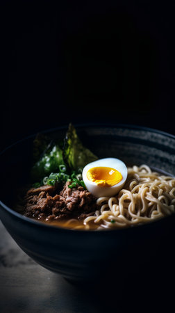Bowl of ramen noodles with meat and egg on dark backgroundの素材