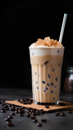 Iced coffee with milk foam and coffee beans on dark background.の素材