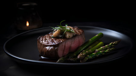 Grilled beef steak with asparagus and mushrooms on black plateの素材