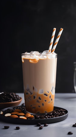 Iced coffee with milk and caramel on a dark background. Selective focus.の素材