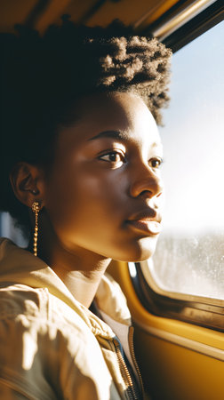 Young african american woman traveling by train, looking out the windowの素材