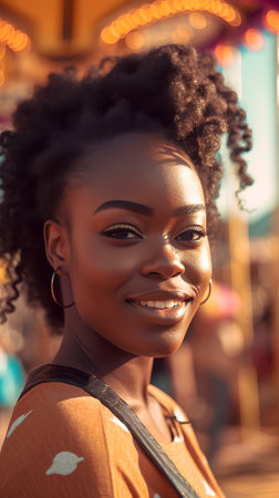 Beautiful african american woman with afro hairstyle posing at amusement park.の素材