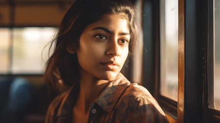 Portrait of a beautiful woman in a train. Girl looking at camera.の素材