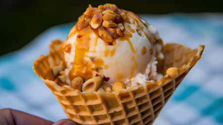 Vanilla ice cream with caramel sauce and nuts in waffle coneの素材