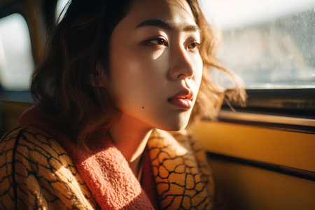 Portrait of a beautiful asian girl in a yellow sweater on a train.の素材