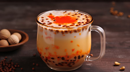 Iced coffee latte in a glass cup on a dark wooden backgroundの素材