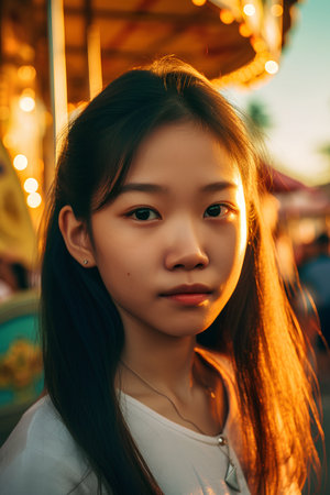 Portrait of a beautiful asian girl in the amusement park.の素材