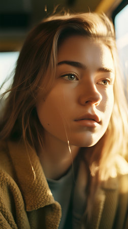 Portrait of a beautiful young woman in a beige coat.の素材