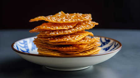 Crispy crackers with sesame seeds on a dark backgroundの素材