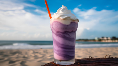Blueberry milkshake with whipped cream on the beach. Selective focus.の素材
