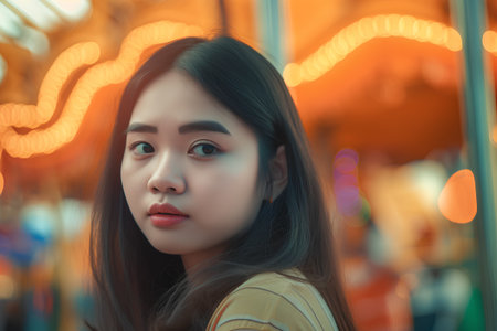 Portrait of a beautiful asian girl in the amusement park.の素材