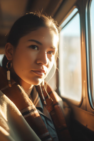 Portrait of a beautiful young girl in a train with a plaidの素材