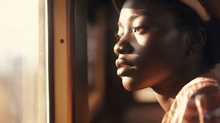 Portrait of african american woman looking out of window.の素材