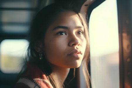 Portrait of a young Asian woman looking out the window in a trainの素材
