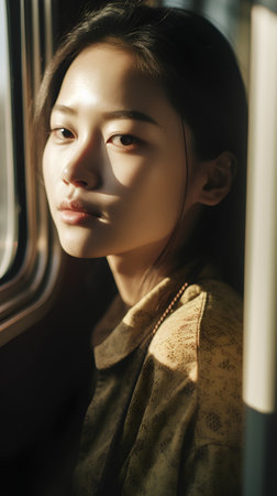 young pretty asian woman in train window, lifestyle modern people conceptの素材